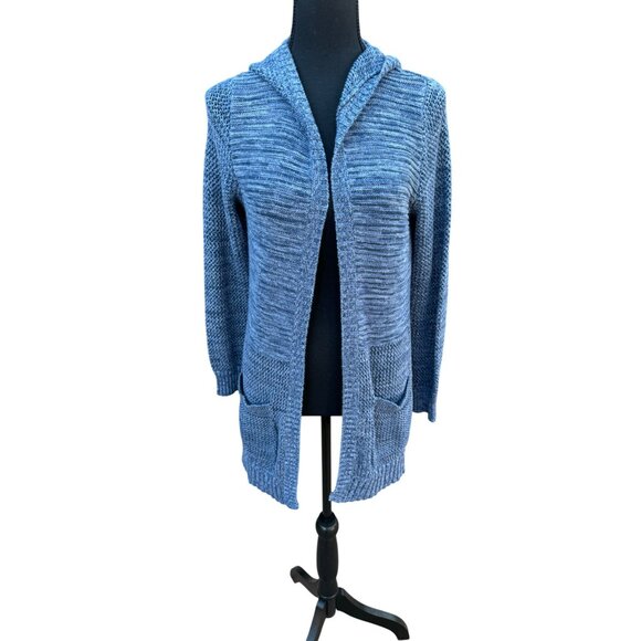 Natural Reflections Blue Knit Hooded Long Open Cardigan Sweater M Minimalist - Picture 4 of 12
